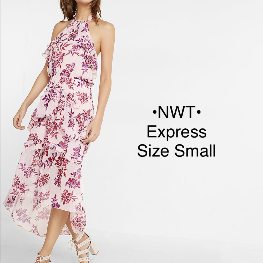 *Sold* Pink Floral Halter High Low Express Dress - Picture 1 of 2